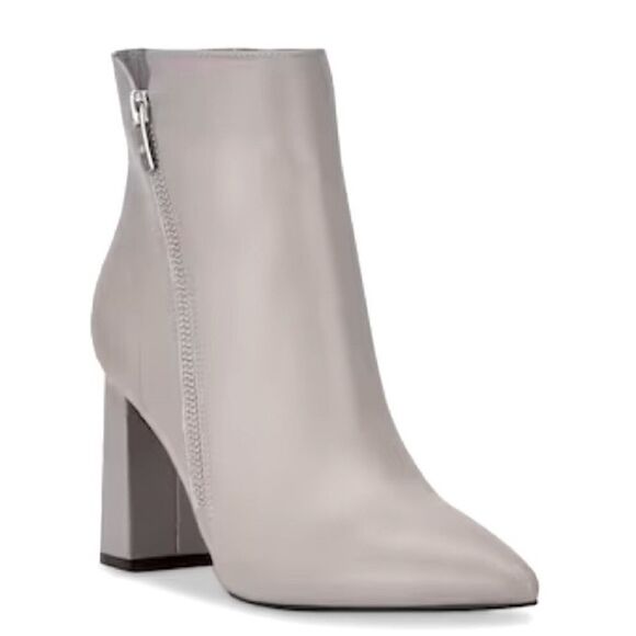 Marc Fisher GABBLE Sleek Gray Leather Side Zip Pointed Toe Block Heeled Boots - Picture 1 of 15